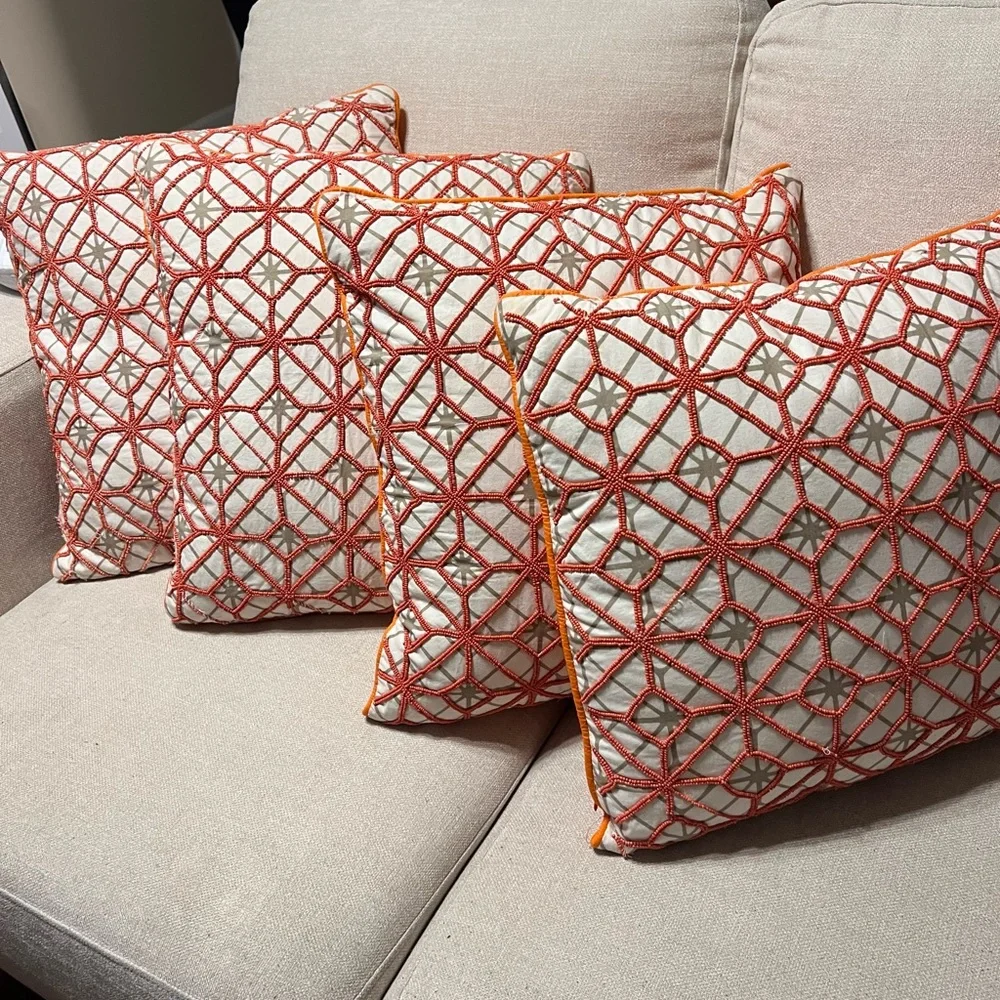 Tangerine Geometric Design and Glass Bead Accent Pillows 10.00 Each or Bundle!!